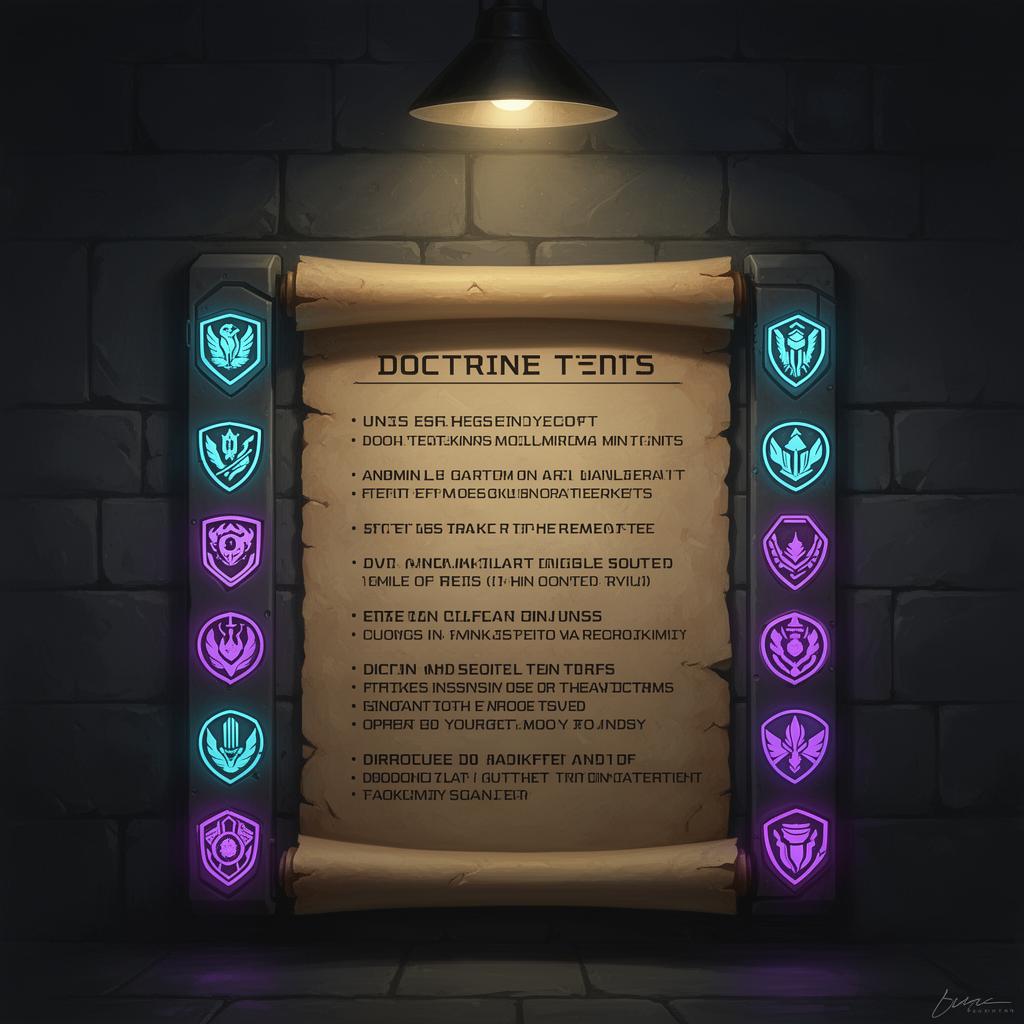 A glowing doctrine scroll with sci-fi rank insignia along its edges
