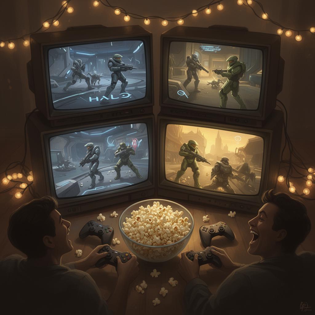 Cozy four-player split-screen couch session with popcorn and string lights