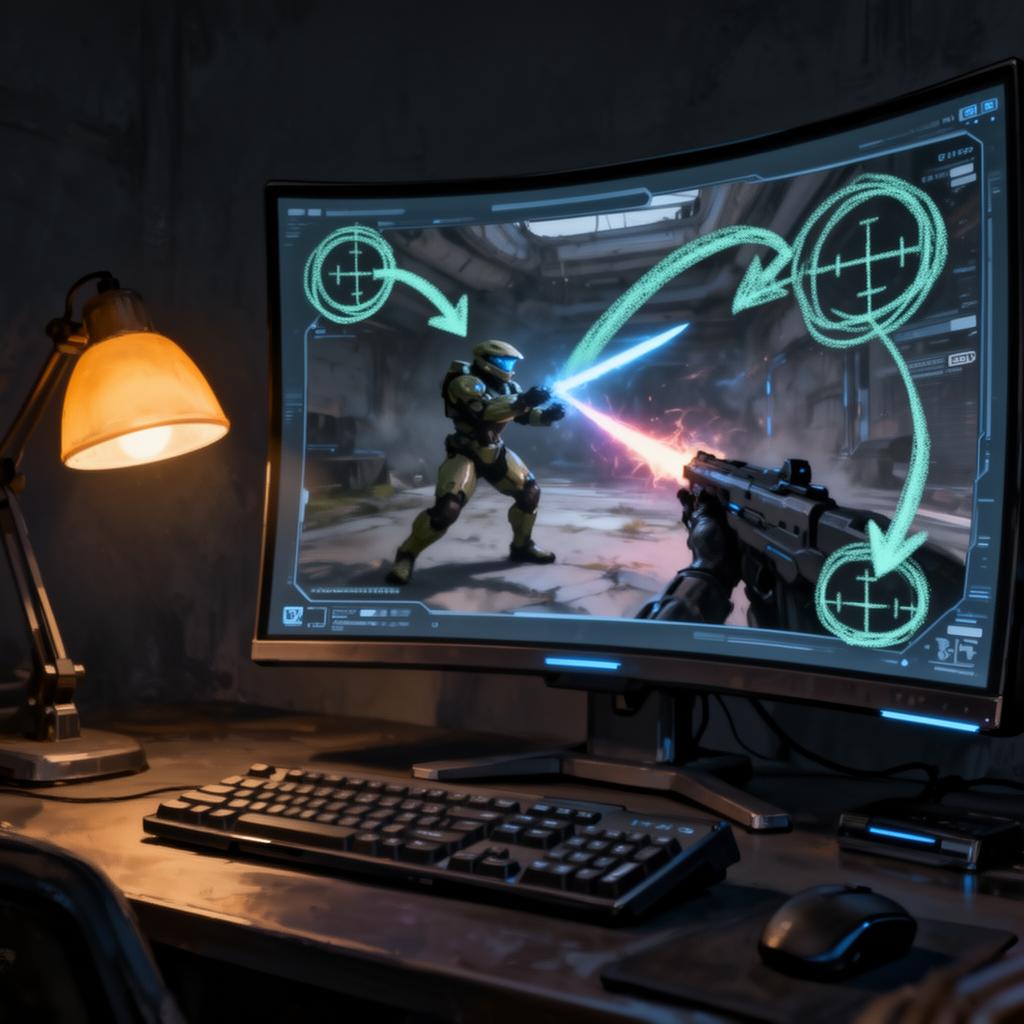 A holographic display shows a frozen Halo killcam with chalk-teal arrows annotated over it