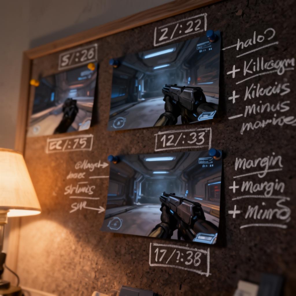 Three Halo killcam stills pinned to a cork board with handwritten timestamp markers and plus-minus margin notes